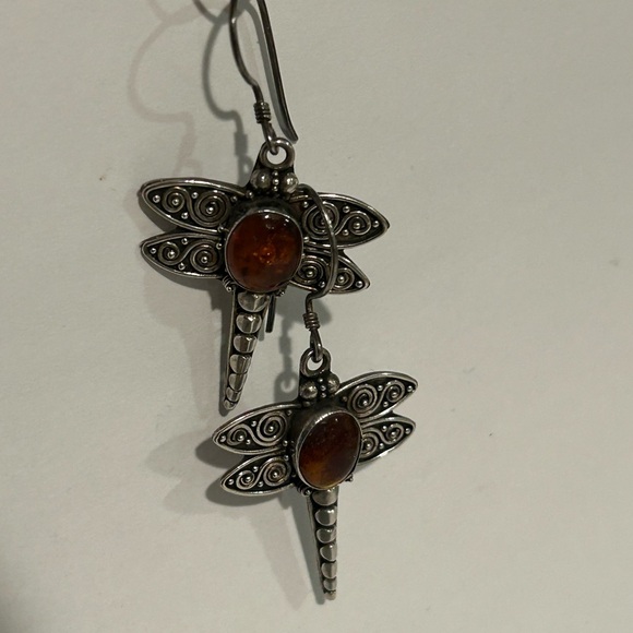 Dragonfly Silver and Amber Earrings - Picture 7 of 8